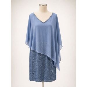 J Kara Beaded Cocktail Dress Sheer Capelet Overlay V-Neck Dusty Blue 18 NEW